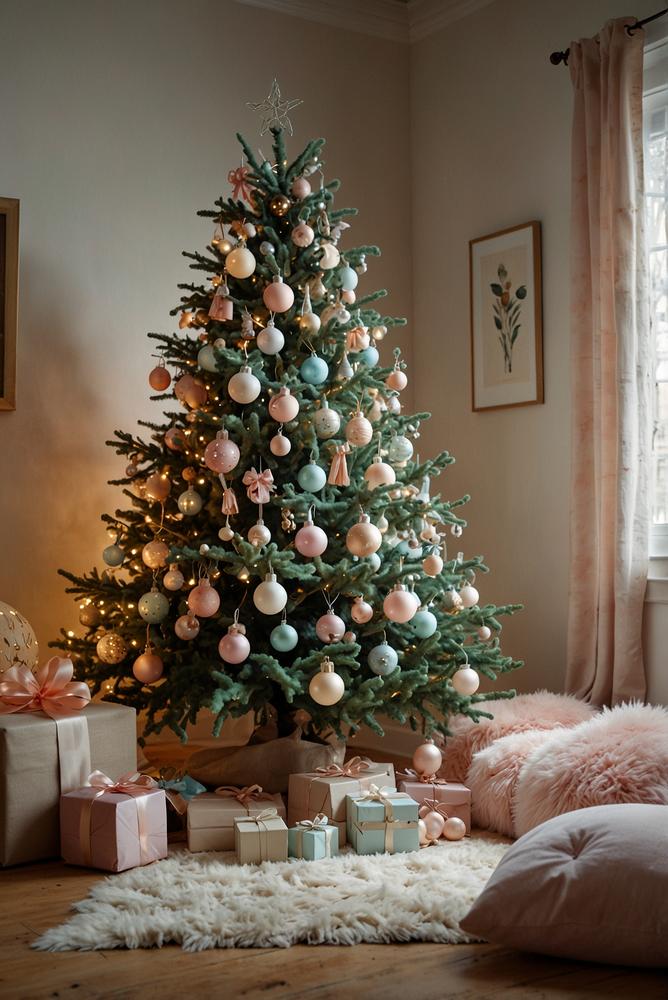 Shabby-Chic Weihnachtsbaum mit pastellfarbenen Kugeln