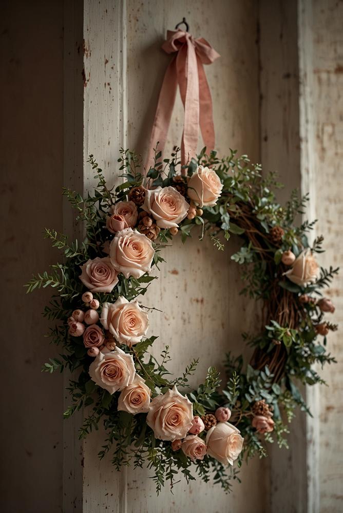 Shabby-Chic Weihnachts-Türkranz aus getrockneten Rosen und Leinen