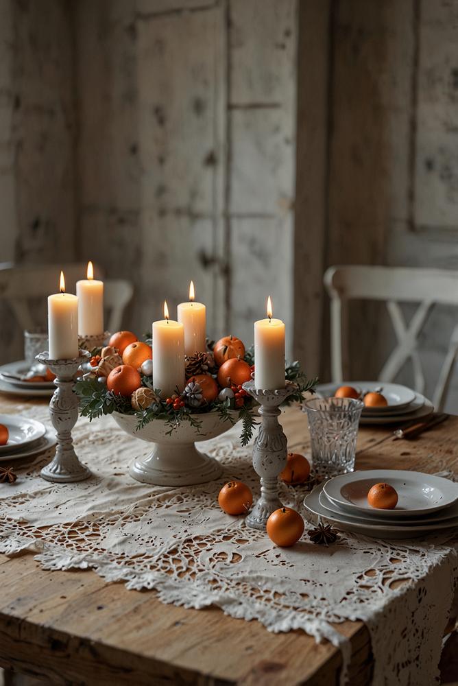 Tischweihnachtsdeko Shabby Chic mit Spitzenlaeufer und Kerzen