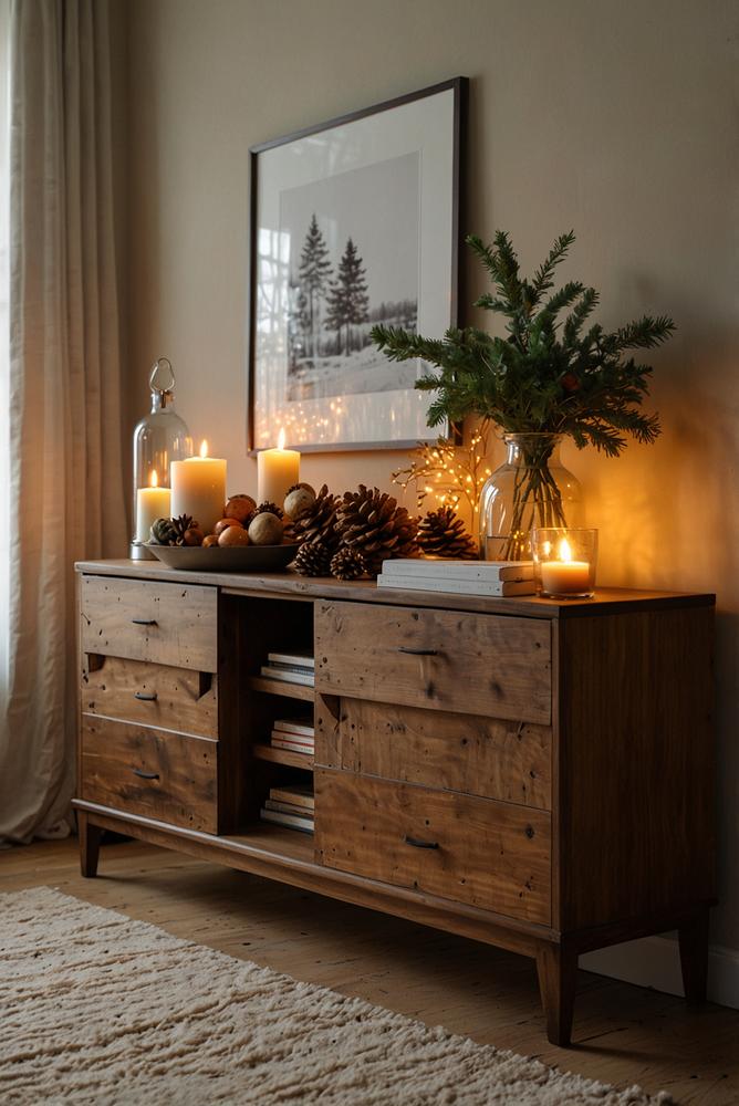 Weihnachtsdeko auf Sideboard mit Lichterkette und Tannenzweig