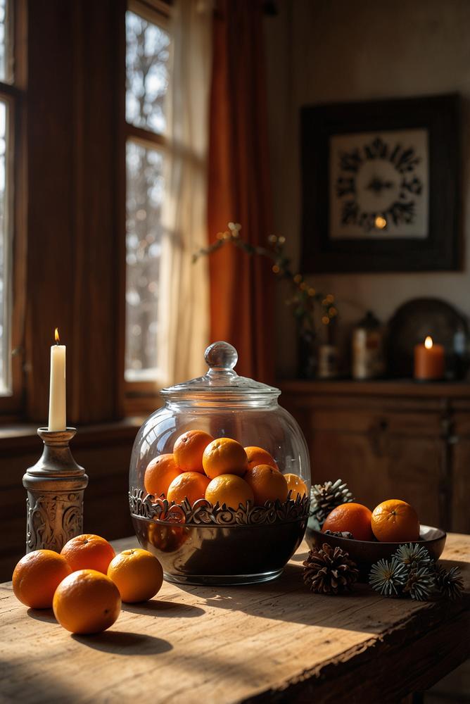 Weihnachtsdeko mit Orangen und Zimt auf Sideboard