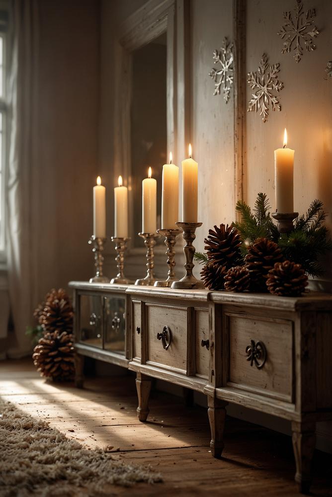 Weihnachtsdeko mit Spiegelglanz und Kerzen auf Sideboard