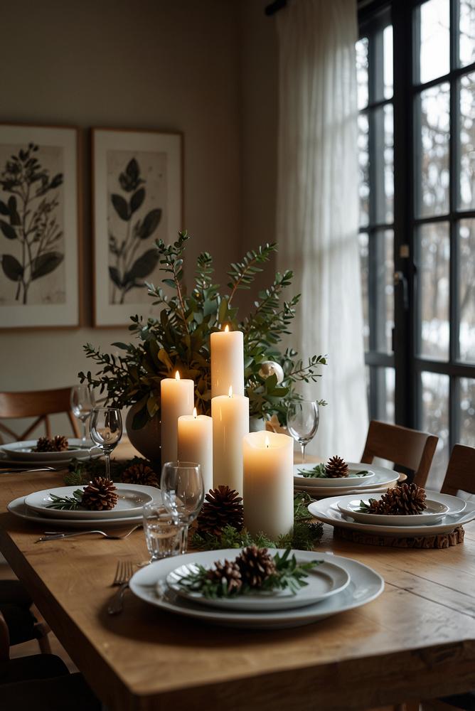 Helles Tellerarrangement mit Kerzen auf Sideboard