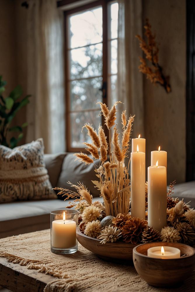 Tischgesteck mit Trockenblumen und Stumpenkerzen bei Tageslicht