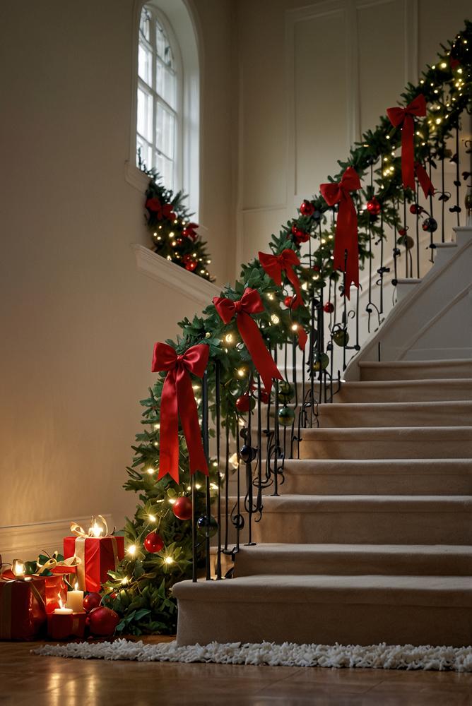 Treppengeländer mit roter Weihnachtsgirlande und Lichterkette