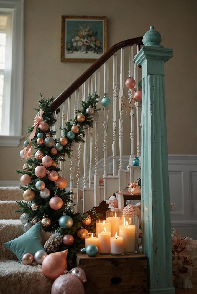 Treppenhaus mit pastellfarbener Weihnachtsdeko und warmem Licht