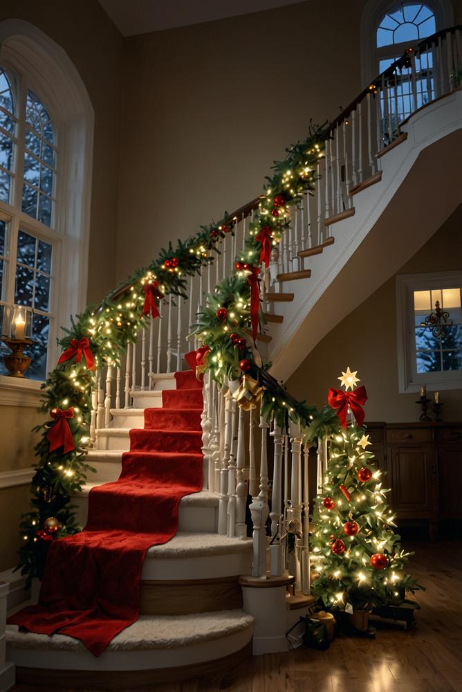 Weihnachtliche Treppendeko mit Tannenzweigen und Schleifen