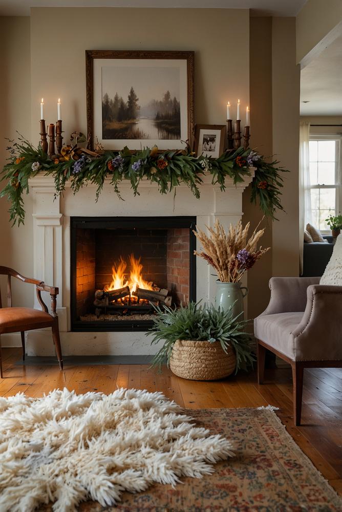 Kamin-Girlande aus Trockenblumen und Tannengruen in hellem Raum