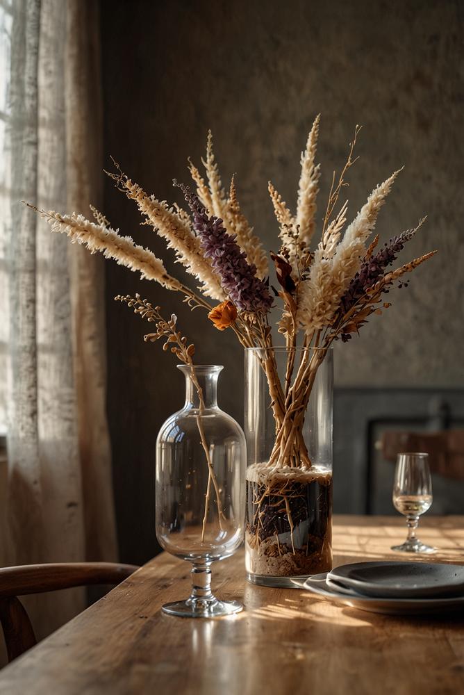 Mini-Glasvasen mit Trockenblumen als Tischdeko hell und einladend