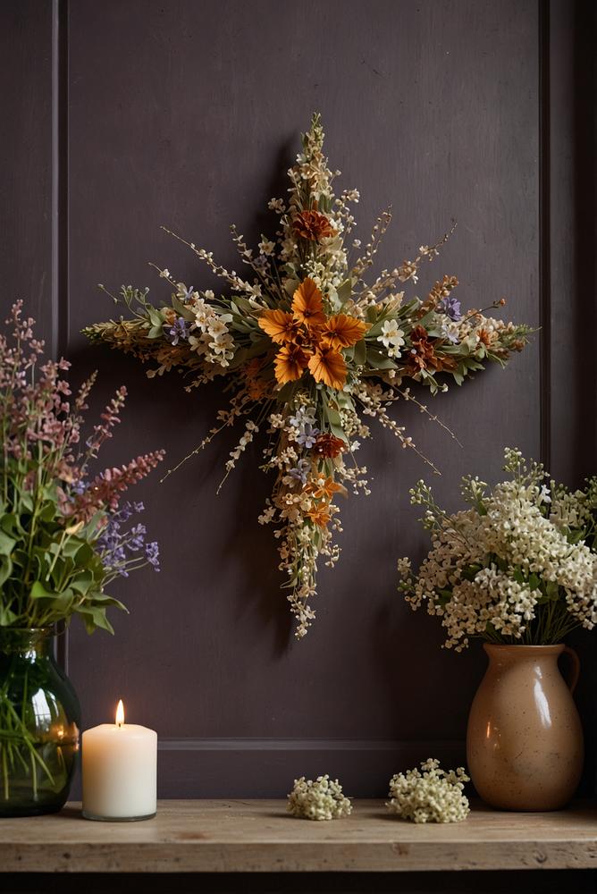 Wandstern aus Trockenblumen als Weihnachtsdeko hell und einladend