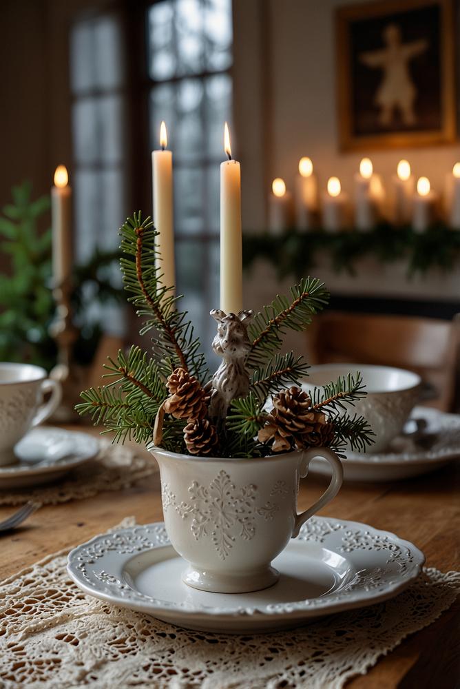 Vintage Weihnachtsdeko Esstisch mit Keramikengeln und Spitzenläufer