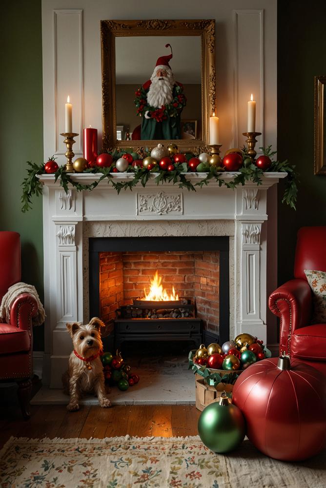 Vintage Weihnachtsdeko am Kamin mit Santas und Kugeln