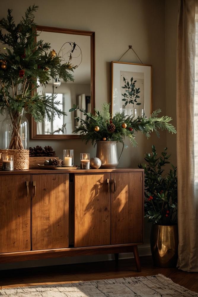 Weihnachtsdeko auf Vintage-Sideboard mit Messingkerzen