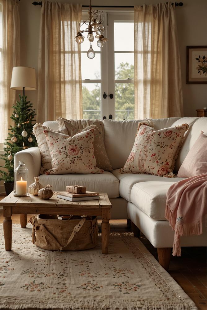 Helle vintage Weihnachtsdeko aus Stoff mit Rosenmuster