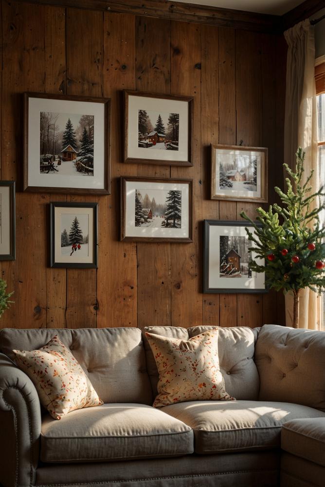 Helle Wandgallerie mit alten Weihnachtskarten und Lichterkette