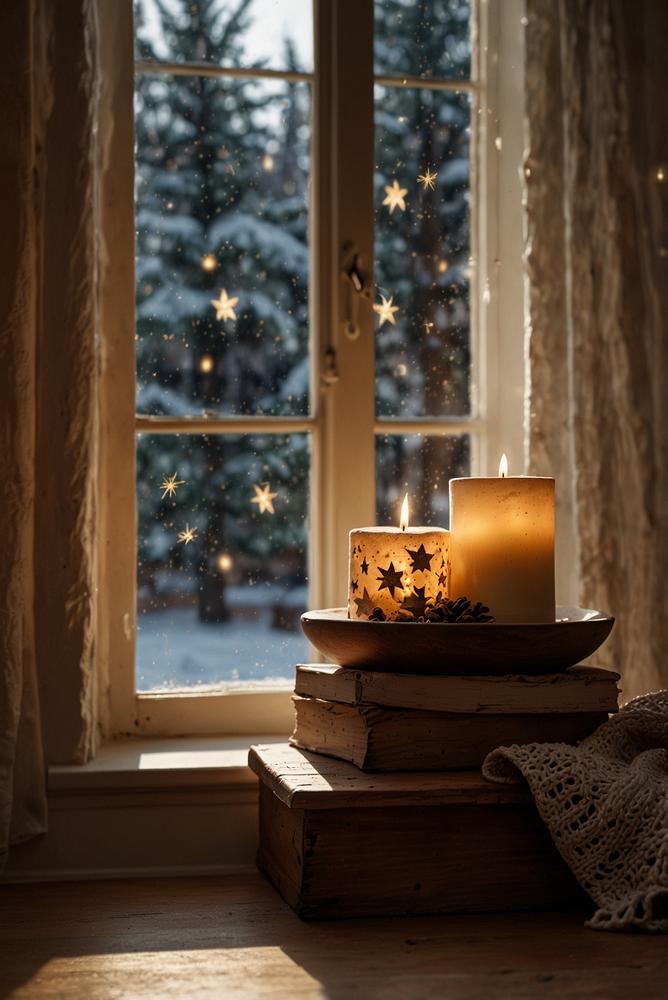 Fensterbank mit Holzsternen und LED-Teelichtern beleuchtet