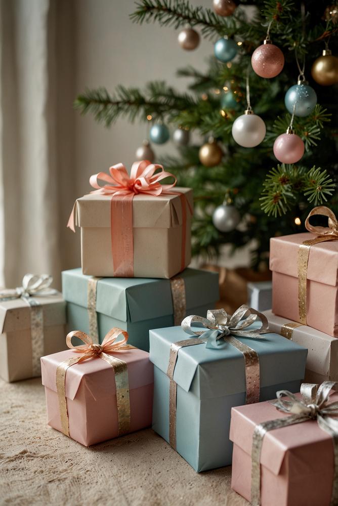 Weihnachtsgeschenke in Pastellfarben liebevoll verpackt