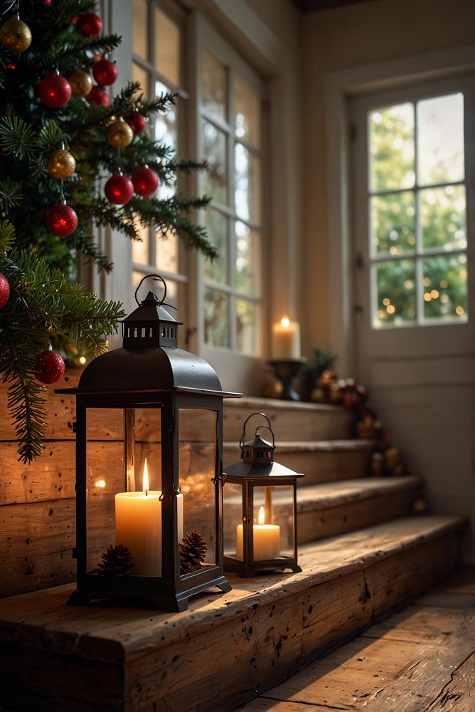 Laternen-Arrangement vor der Haustür mit Weihnachtsdeko