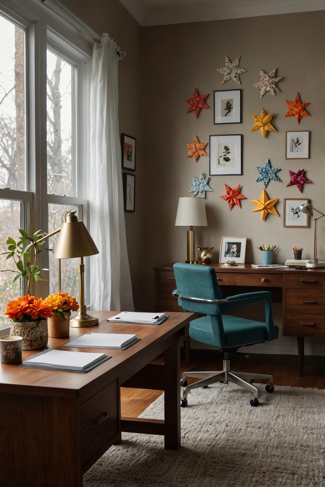 Helle Weihnachtsdeko mit Papiersternen im Home-Office