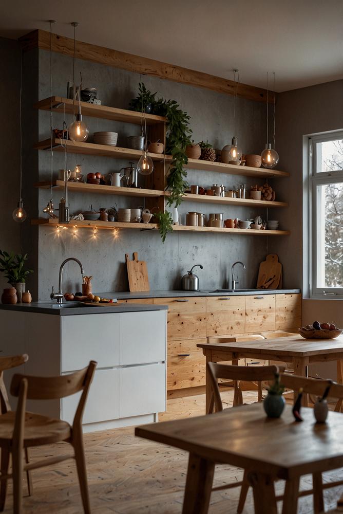 Weihnachtslichter an Hängeregalen und Kücheninsel, warm und einladend