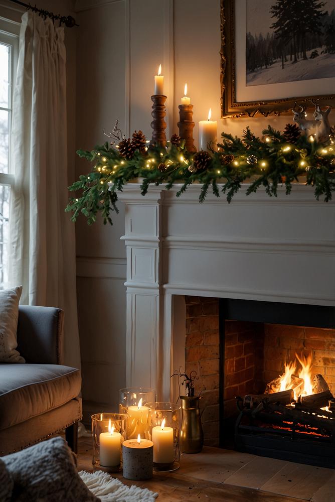 Weihnachtslichter am Kamin mantel warm und einladend