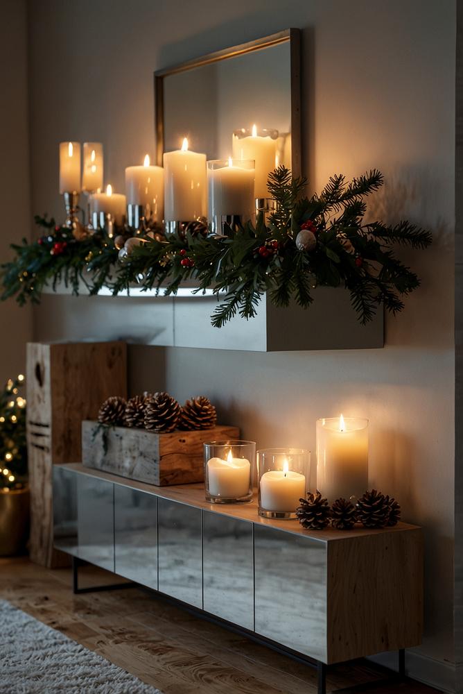 Weihnachtslichter auf dem dekorierten Sideboard in modernem Wohnzimmer