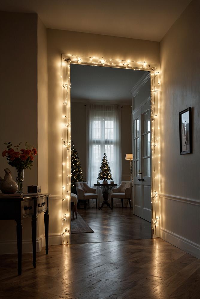 Weihnachtslichter als dekorativer Rahmen um Flurspiegel