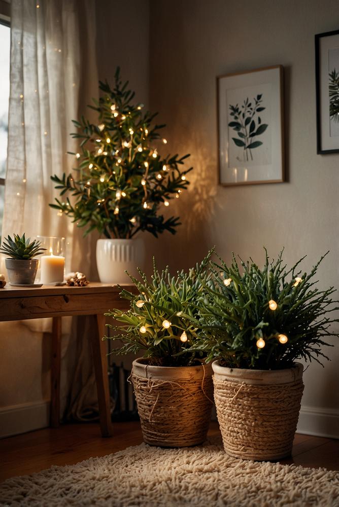 Weihnachtslichter um Zimmerpflanzen und Tannenzweige