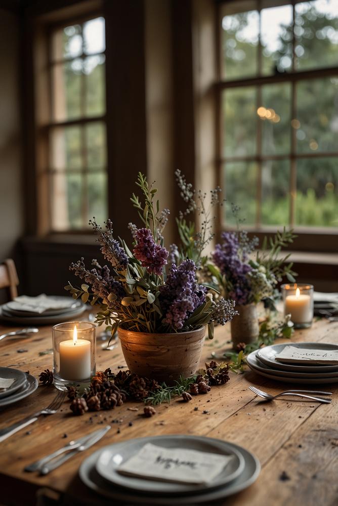 Weihnachtsplatzkarten aus Trockenblumen auf festlicher Tafel
