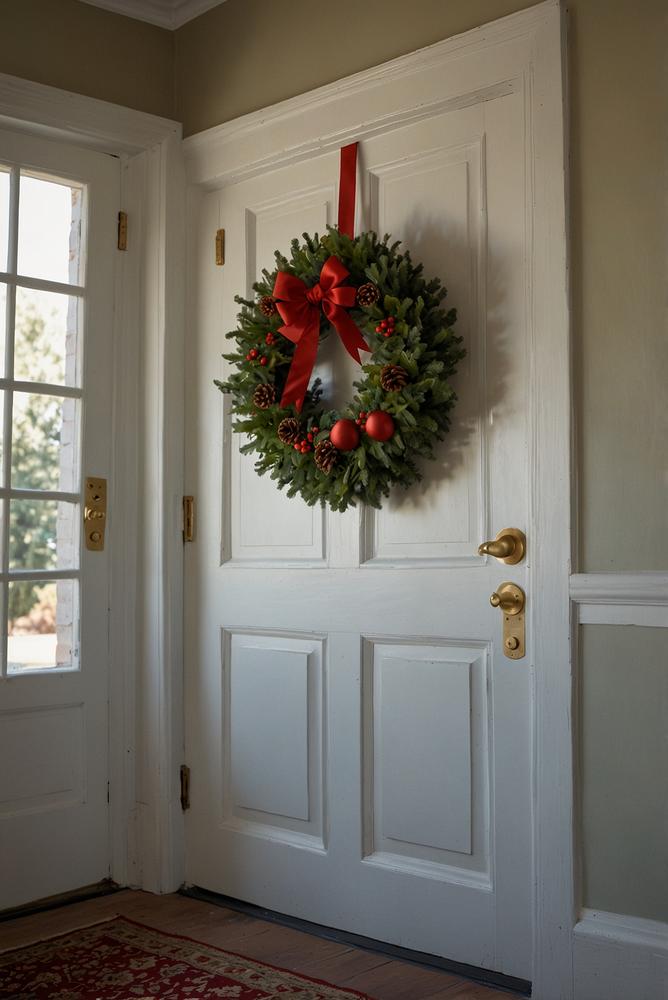 Weihnachtskranz an der Haustür mit Tannenzweigen und roten Beeren