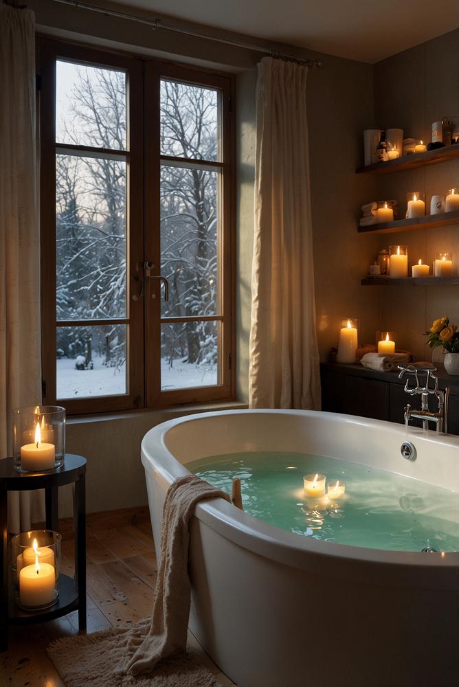 Gemütliche Badewanne mit Kerzen im Winterlicht