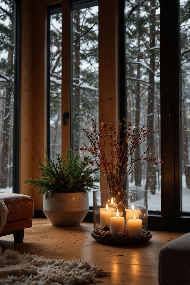 Wohnraum mit Kerzen und Diffusern, hell und winterlich