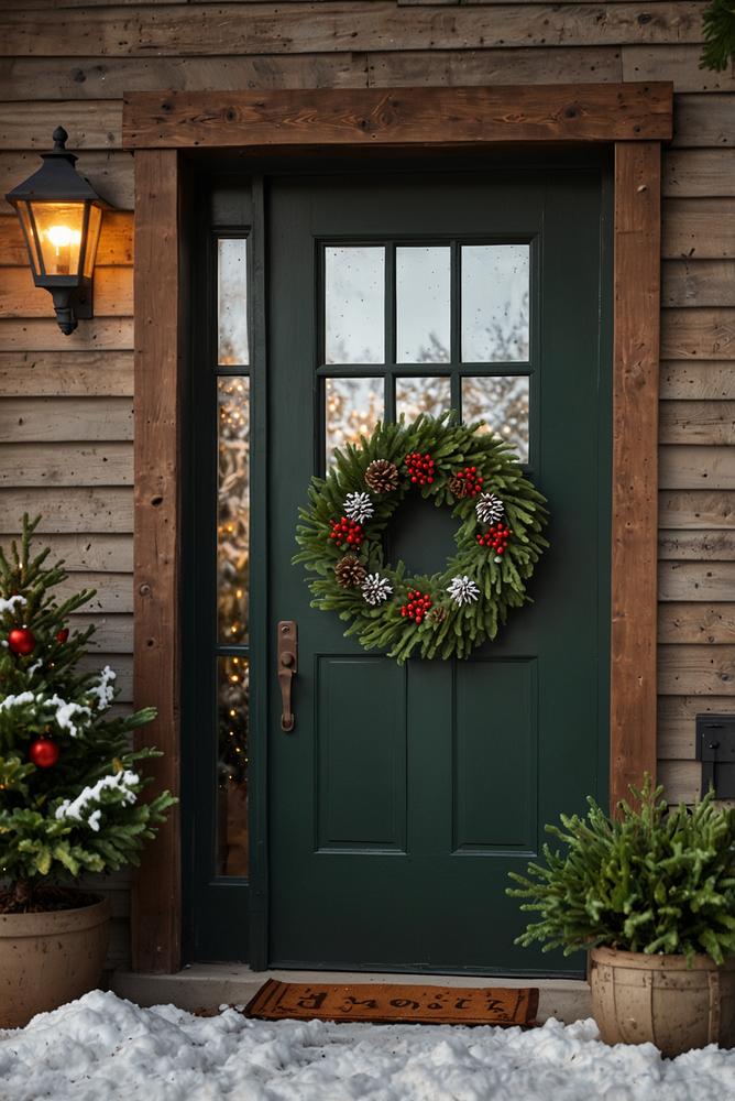 Tannengesteck mit Kunstschnee und Zapfen an der Haustür