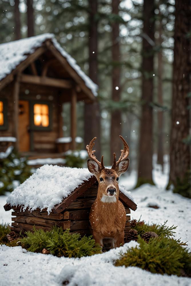 Winterliche Krippenlandschaft im Wald mit Holzfällerhütte