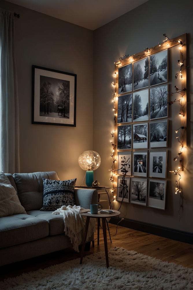 Beleuchtete Kunst- und Fotogalerie an winterlicher Wohnungswand