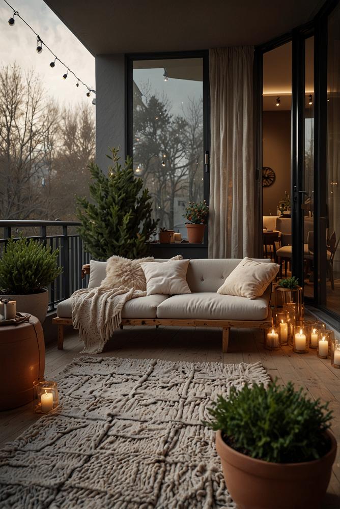 Winterlicher Balkon mit Lichterketten und winterfester Deko