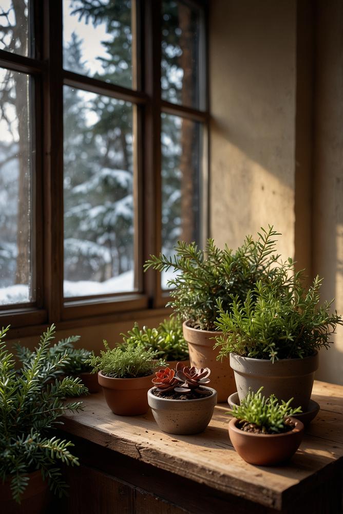 Winterlicher Mini-Garten am Fenster mit Lichterketten und Pflanzen