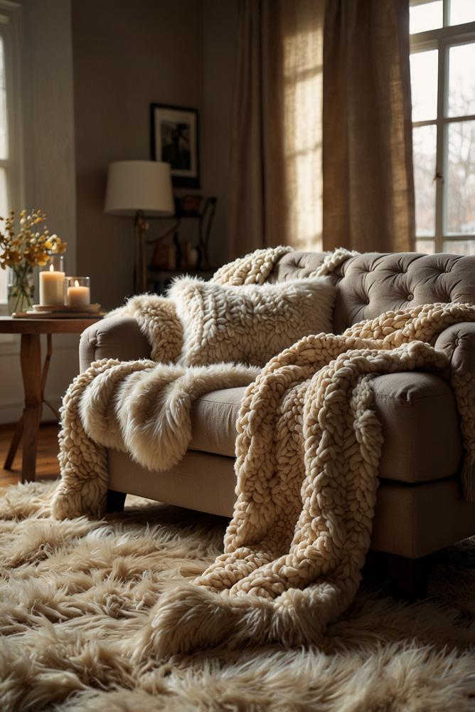Gemütliche Winter Relaxecke mit Strickdecken und Fellen