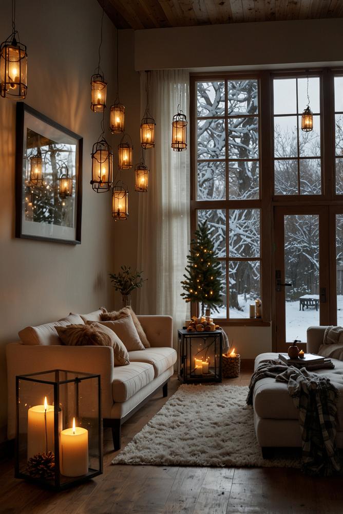 Wohnung mit warmem Lichtermeer und winterlicher Deko