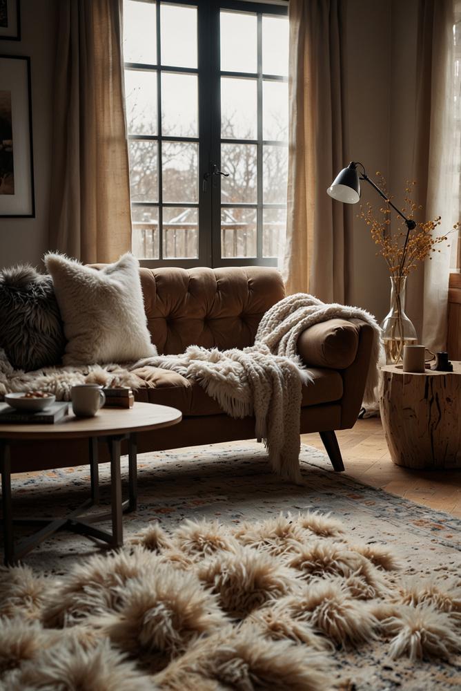 Winterliches Wohnzimmersofa mit Wolle und Kunstfell