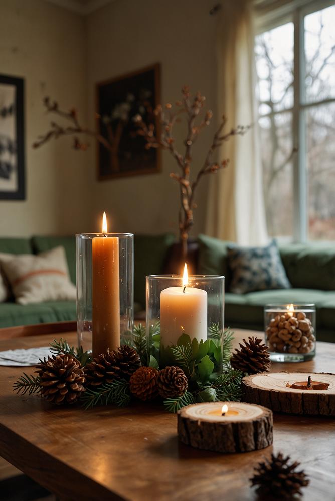 Wohnungstisch winterlich dekoriert mit Kerzen und Naturmaterialien