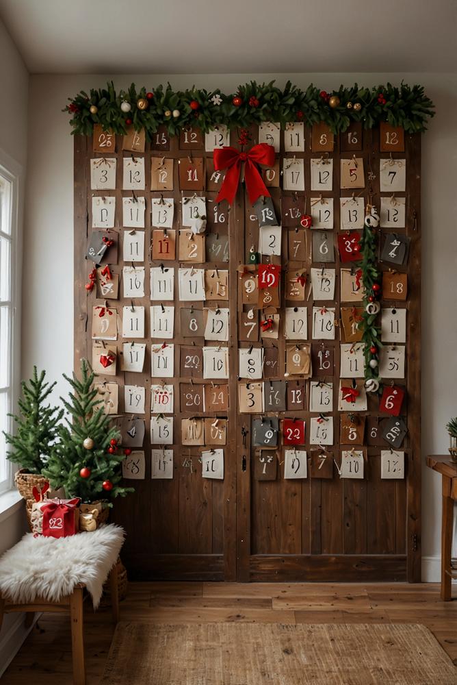 Wandfüllender Adventskalender aus Holztüren in großem Raum