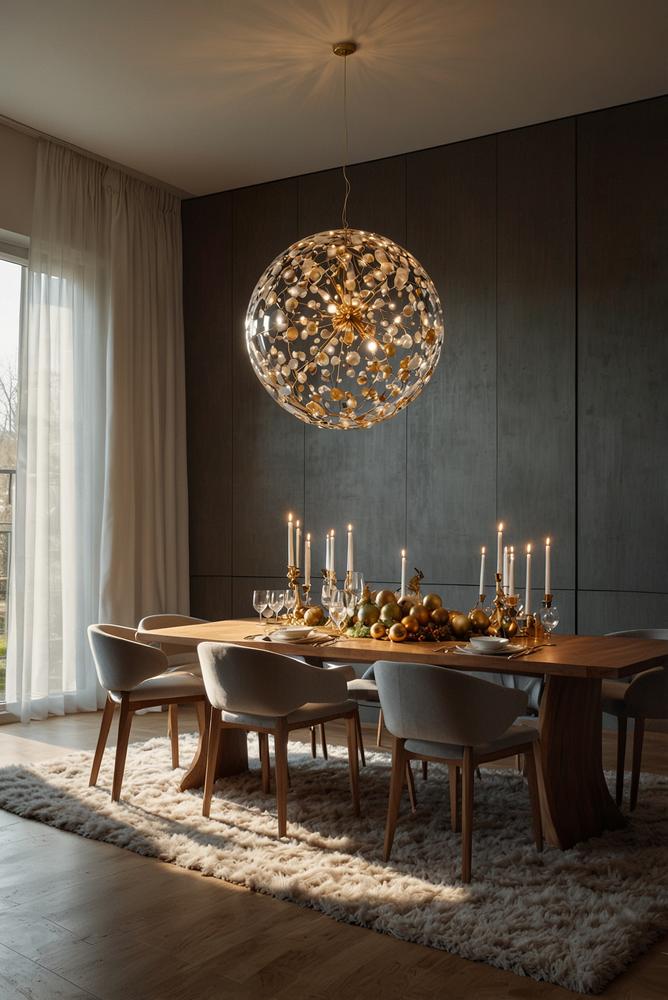 Große Weihnachtskugel-Installation über dem Esstisch, hell und modern