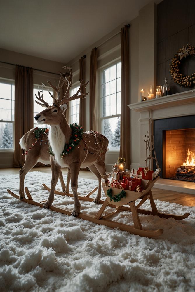 Lebensgroßes Rentier und Schlitten als Weihnachtsdeko