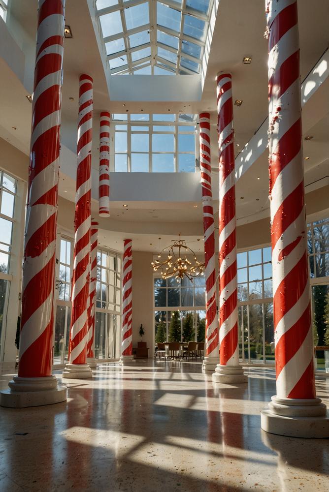 XXL Candy-Cane Säulen im großen Eingangsbereich hell und einladend