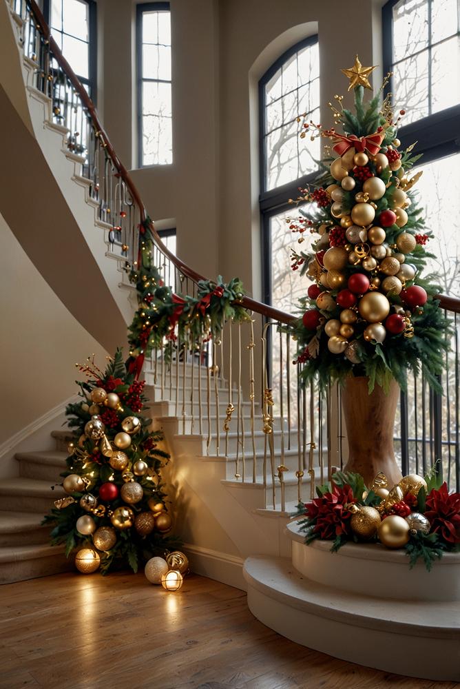 Großzügige Weihnachtsgirlanden an Treppenhaus und Balkon in hellem Raum