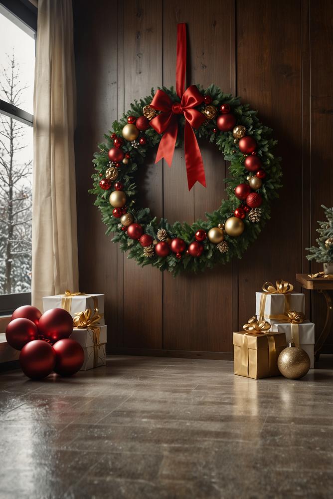 Überdimensionaler Weihnachtskranz an großer Empfangswand