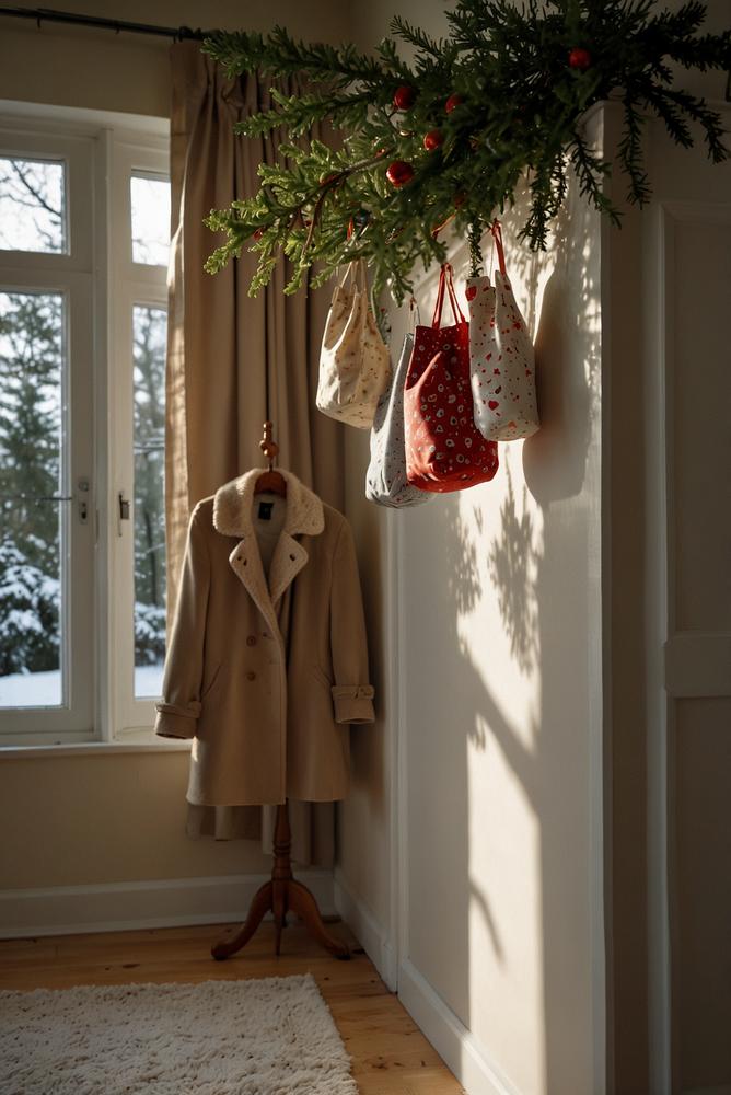 Adventskalender-Hänger an heller Garderobe im Flur