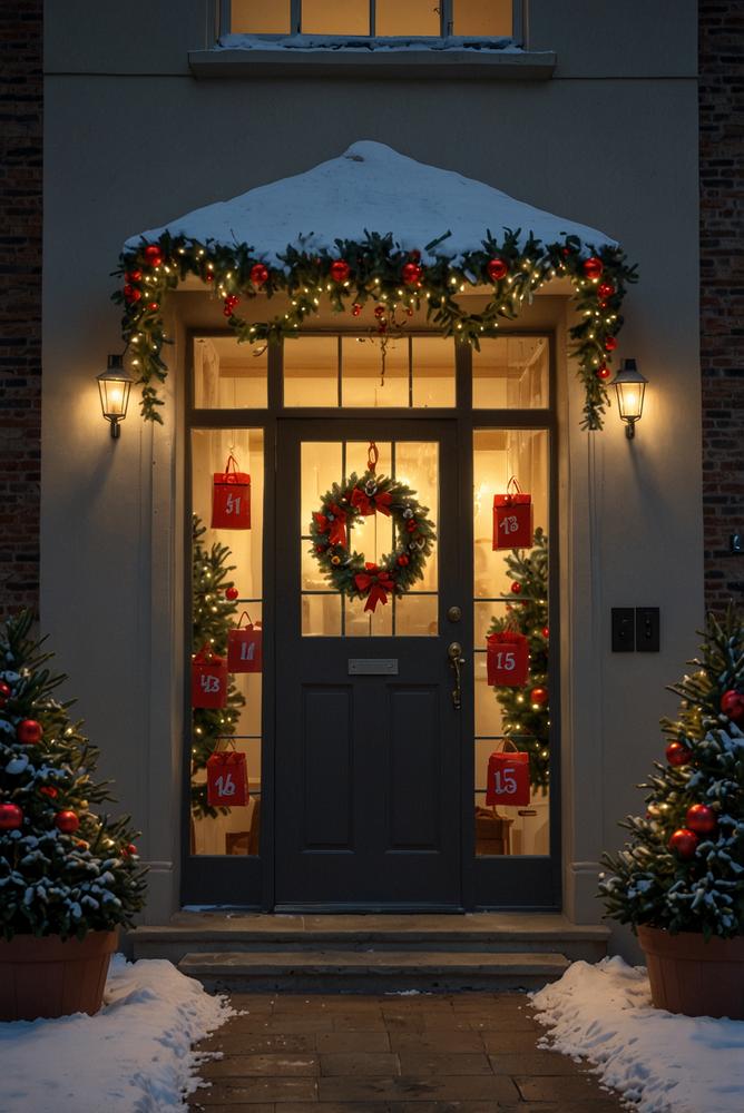 Adventskalender an winterlicher Haustür beleuchtet