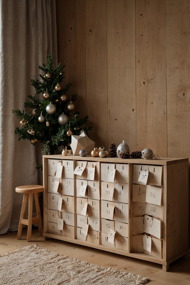 Adventskalender aus Holz in neutralen Tönen im hellen Raum